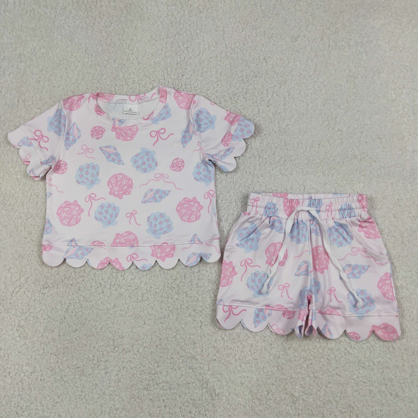 GSSO3731 Scallop Shells Pink Short Sleeve Shorts Girls Set