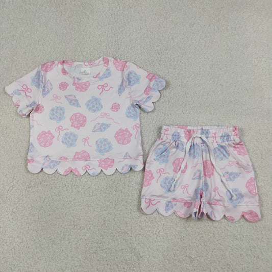 GSSO3731 Scallop Shells Pink Short Sleeve Shorts Girls Set