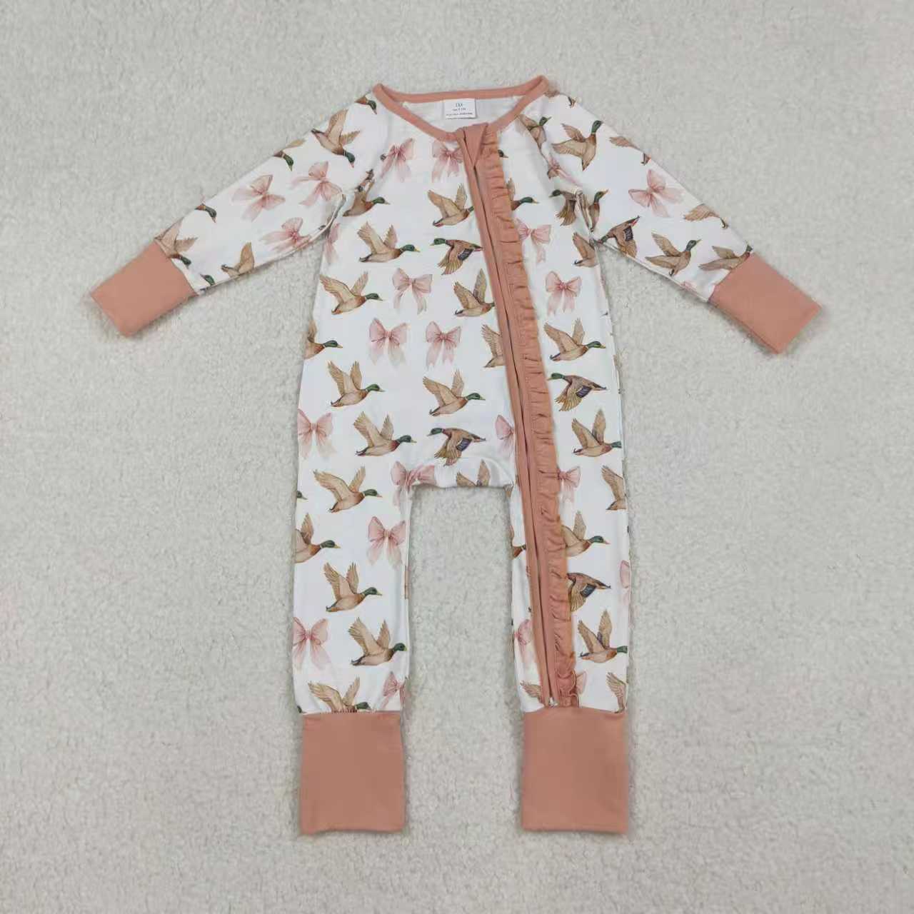 mallard duck pink bows romper/pajamas RTS Sibling Clothes