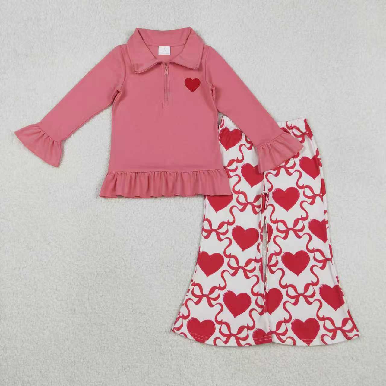 Embroidery Heart Zipper Long Sleeve Pants Girls Set RTS Sibling Clothes