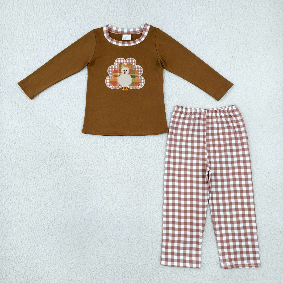 Embroidery BLP1516 Halloween Turkey Brown Long Sleeve Checkered Pants Boys Set