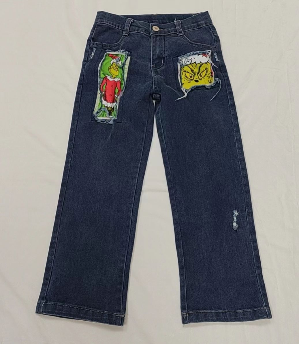 P0207 Christmas Green Face Dark Blue Boys Denim Jeans