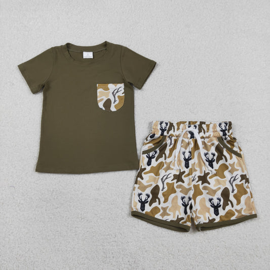 BSSO1845 Hunting Camo Deer Pocket  Short Sleeve Shorts Boys Set