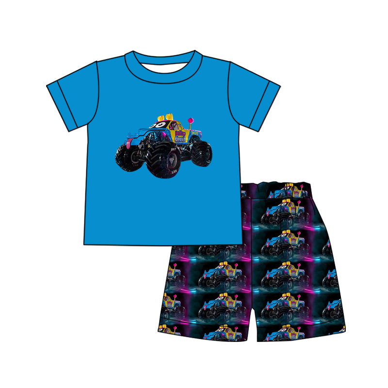 custom cartoon car blue short sleeve ruffles shorts boys  set