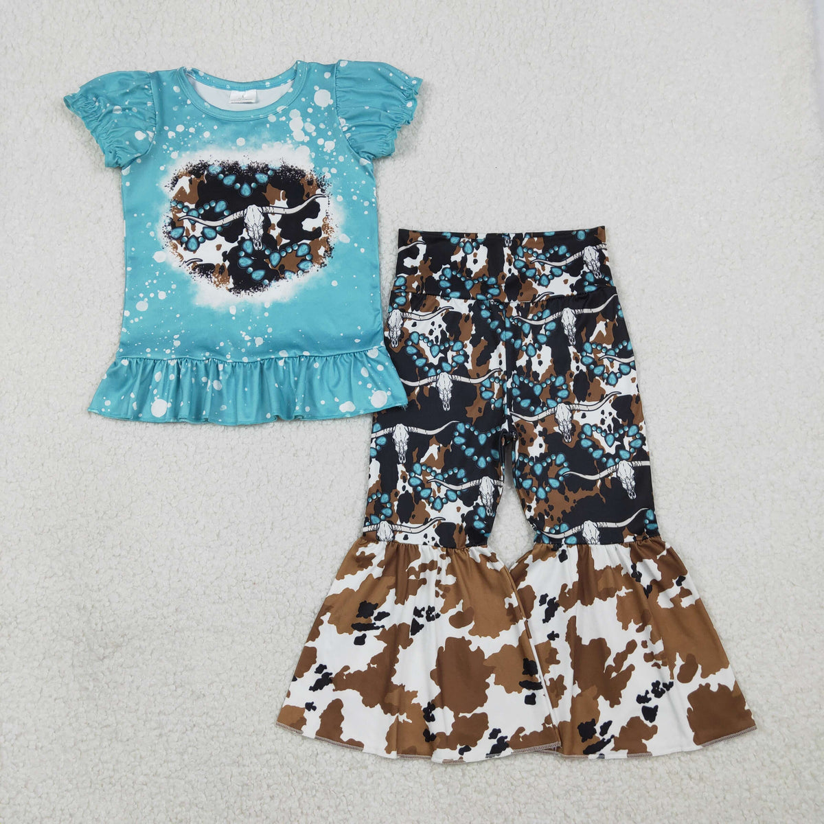 GSPO2116 Western turquoise cow short sleeve cowprint pants girls set