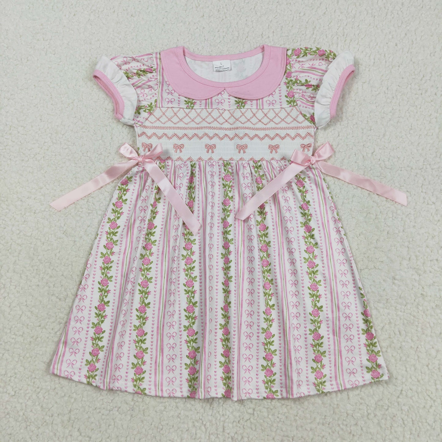 embroidery smocked GSD2717 pink bows flowers flutter sleeve girls dress