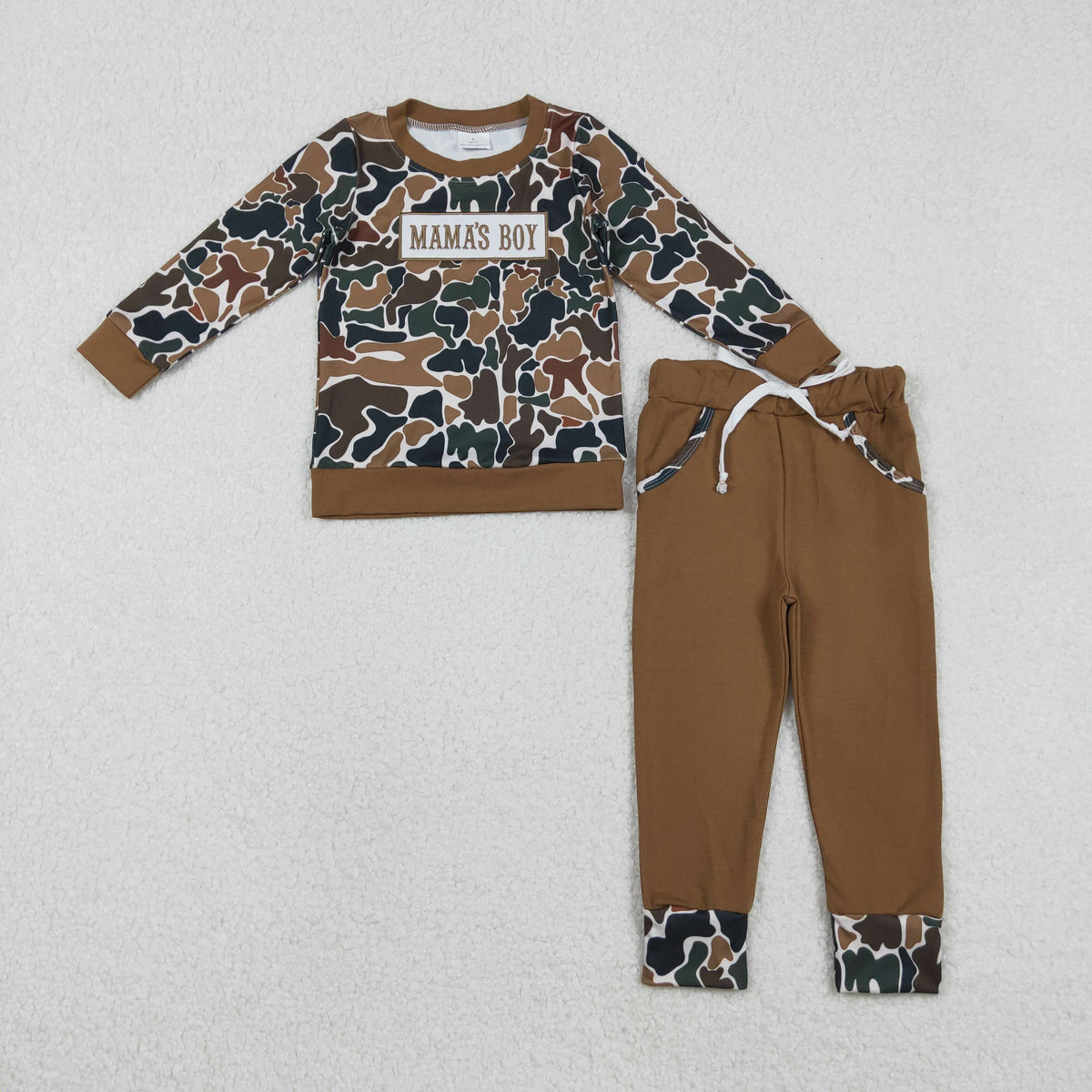 Embroidery BLP1337 mama's boy hunting camo long sleeve pants boys set