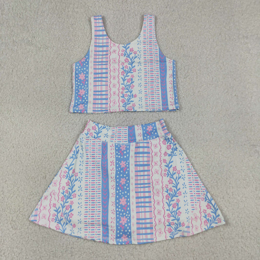 GSD1995 yoga pink flowers blue flowers sleeveless skirt with shorts girls set