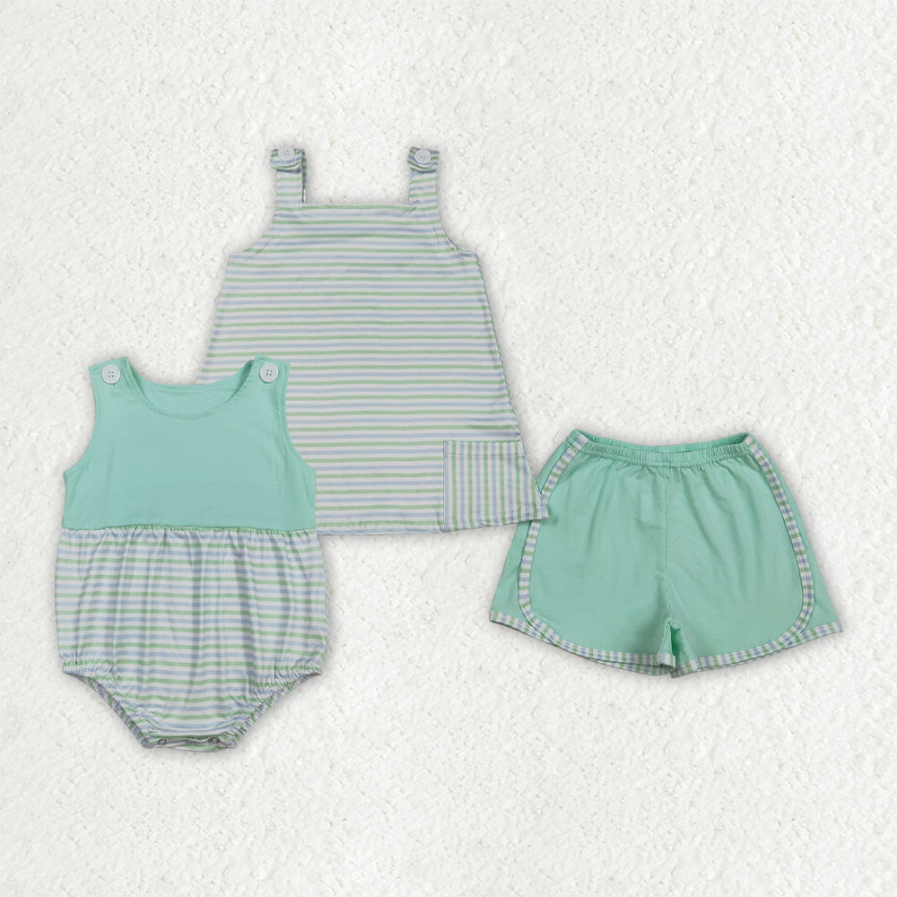 Green Striped Girls Set/Romper Sibling Clothes RTS