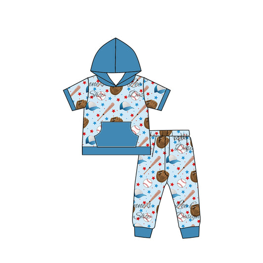 preorder BSPO0232 Play baseball star blue pocket short sleeve hoodie pants boys set