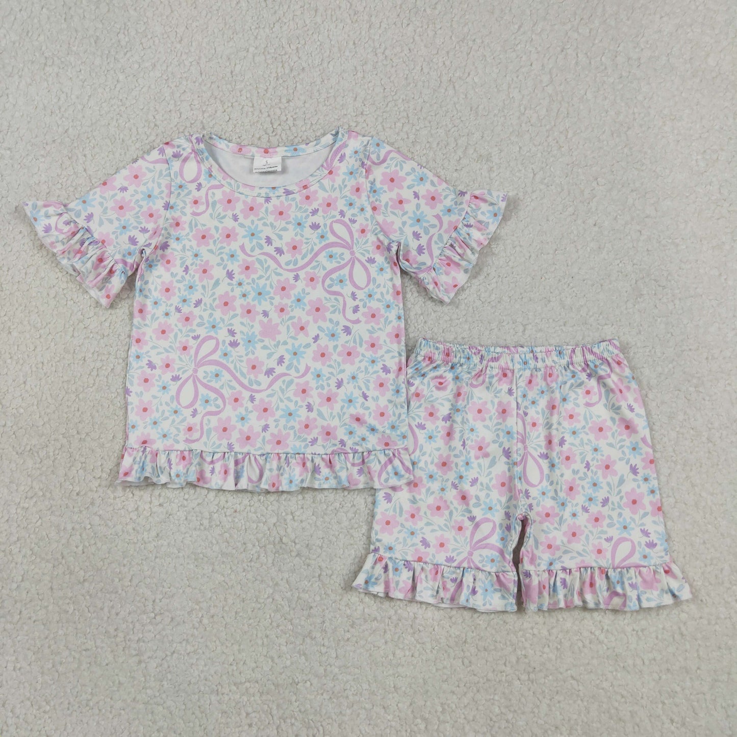 GSSO3322 Purple Bows Flowers Short Sleeve Shorts Girls Set