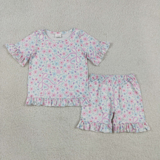 GSSO3322 Purple Bows Flowers Short Sleeve Shorts Girls Set