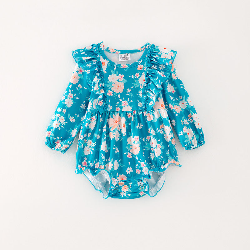 custom style flowers blue sleeve girls romper