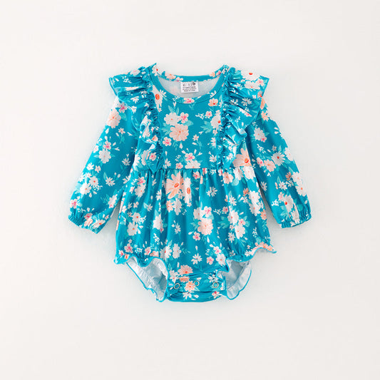 custom style flowers blue sleeve girls romper