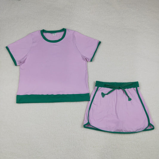 GSD3675 Cotton Pink Short Sleeve Skorts Adult Women Set