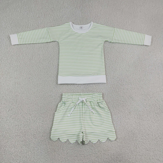 GLS0154 Yoga Mint Green Striped Long Sleeve Shorts Girls Set