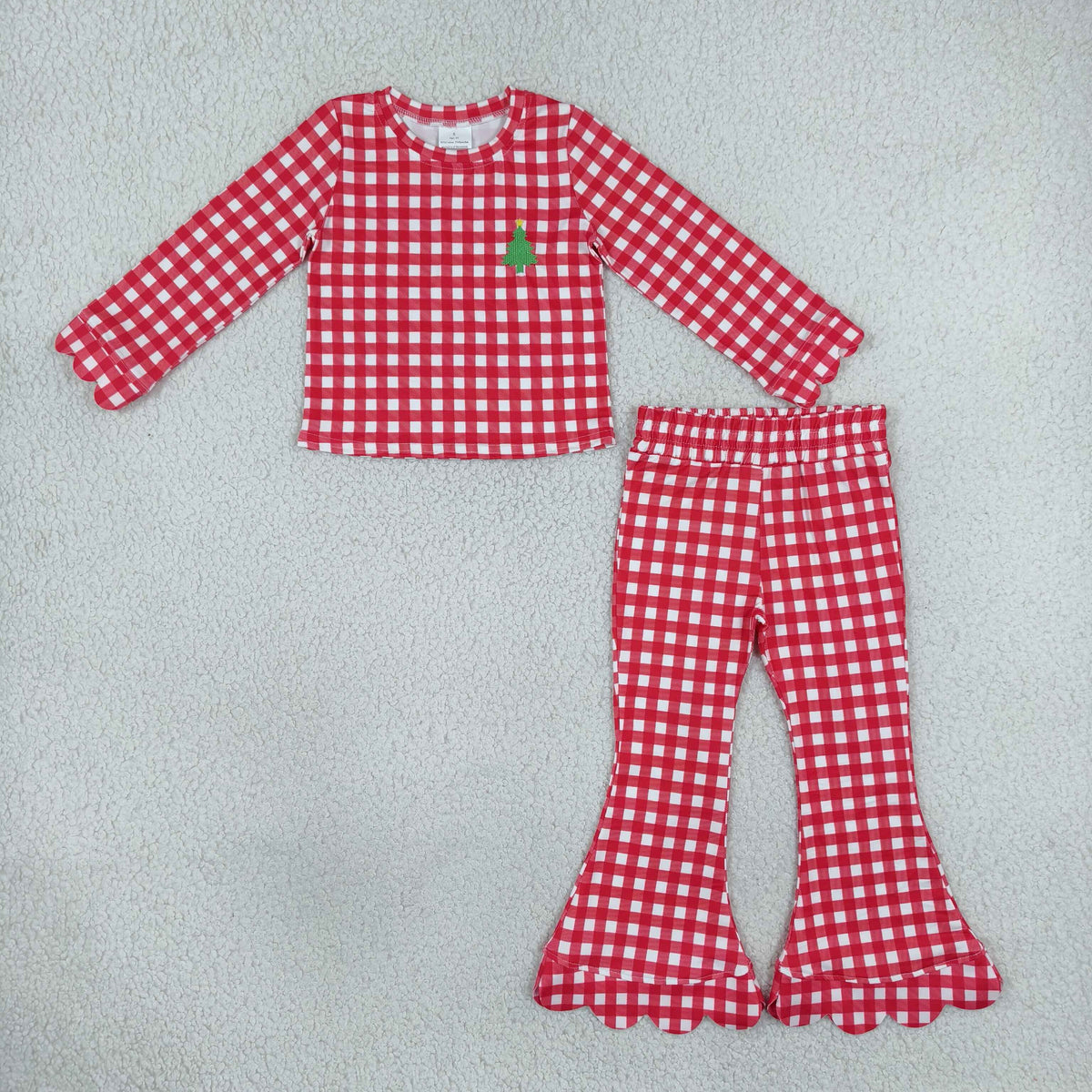 GLP3590 Embroidery Christmas Tree Red Checkered Long Sleeve Pants Girls Set