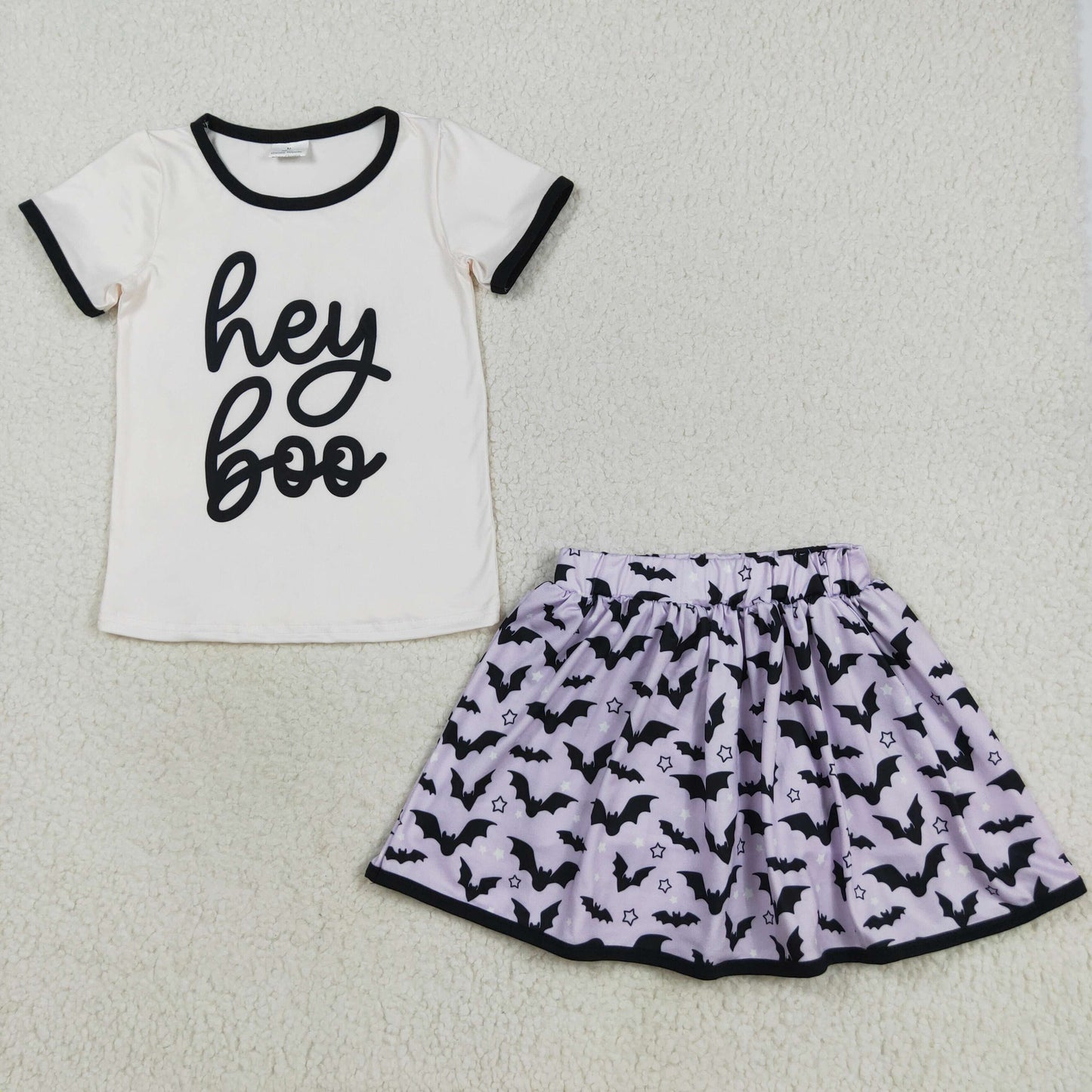 GSD2772 Halloween hey boo short sleeve bat purple skirt girls set