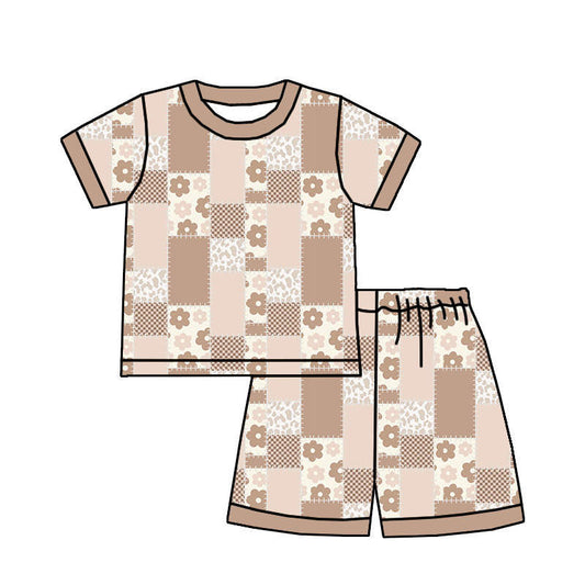 custom style bamboo pink patchwork check printing short sleeve shorts girls set