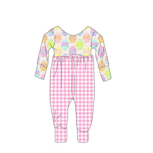 Custom Easter Egg Pink Checkered Long Sleeve Girls Jumpsuits