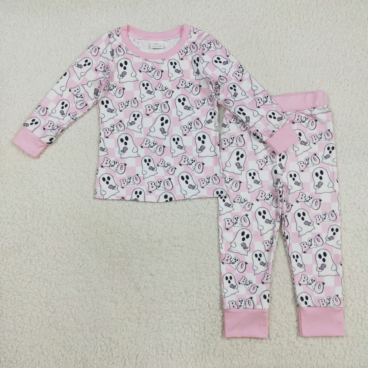 GLP2433 Halloween spooky pink checkered long sleeve pants girls pajamas