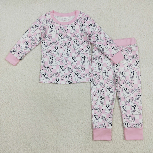 GLP2433 Halloween spooky pink checkered long sleeve pants girls pajamas