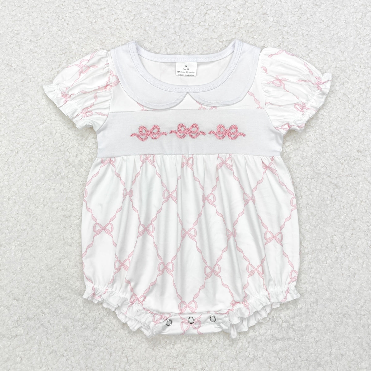 embroidery SR1967 pink bows short sleeve girls romper
