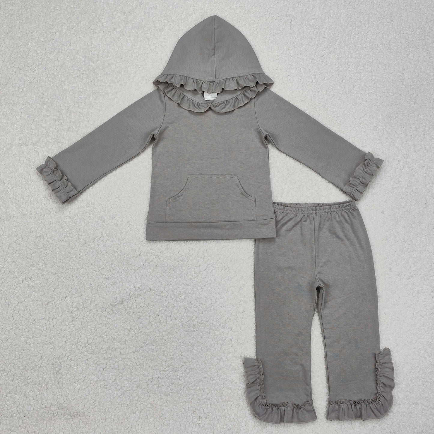 GLP2272 grey pocket hoodie long sleeve ruffles pants girls set