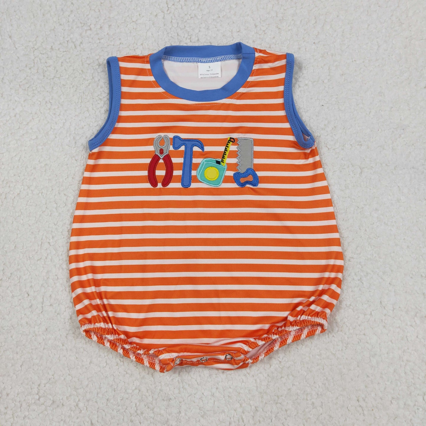 Embroidery SR3943 Cartoon Tools Orange Striped Sleeveless Boys Romper