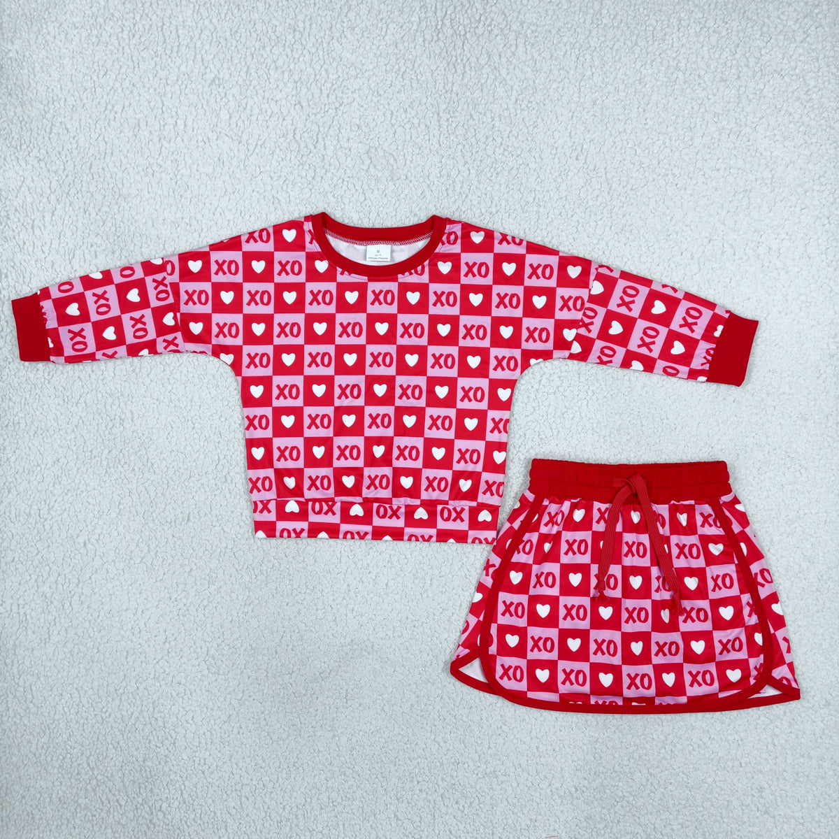 GLD1826 Valentine's Day Heart Checkered Long Sleeve Shorts Girls Set