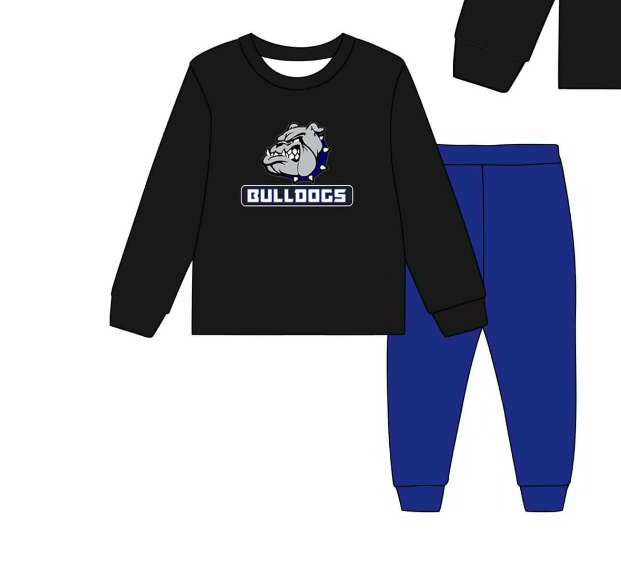 MOQ 3 Custom Football Bulldogs Black Long Sleeve Blue Pants Boys Set