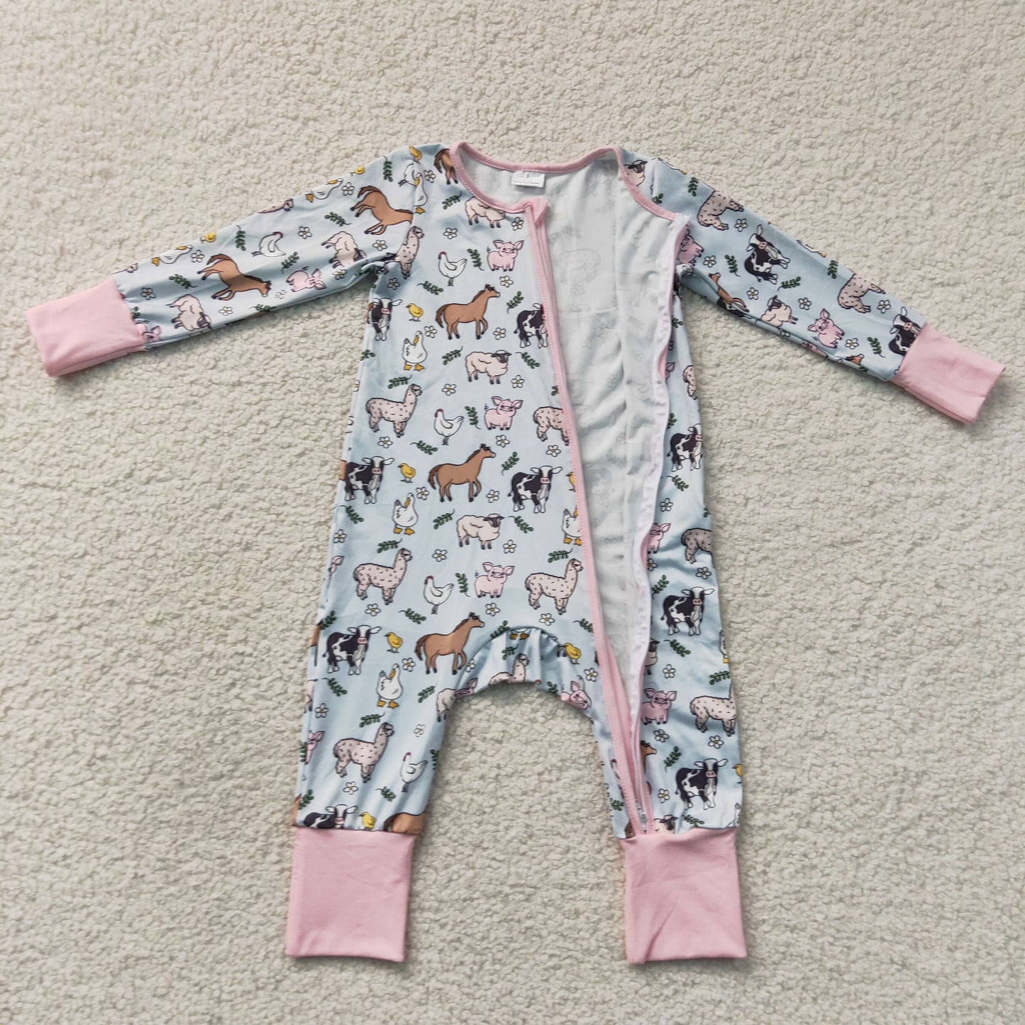 LR2401 Farm Animals Pink Zipper Long Sleeve Girls Romper