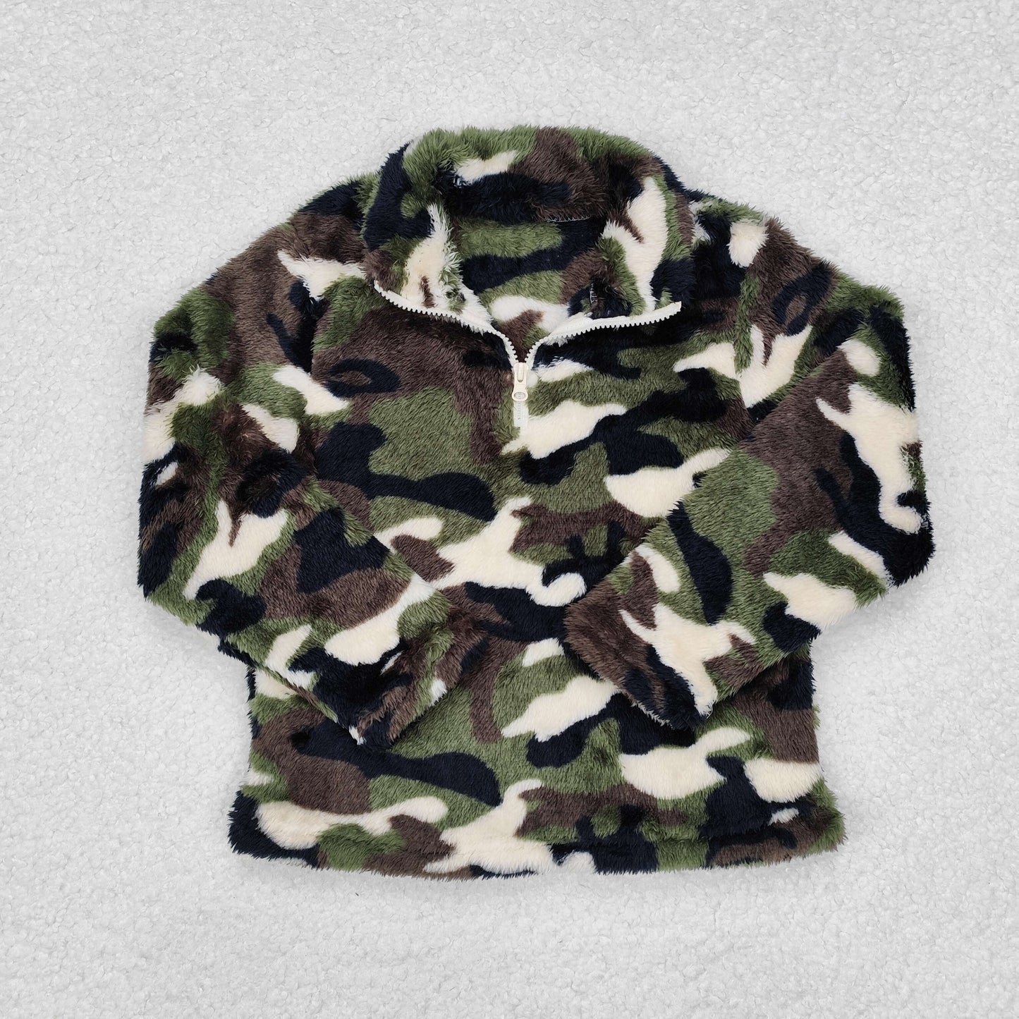 BT0737 Green Camo Fur Zipper Boys Pullover Warm Plush Pullover