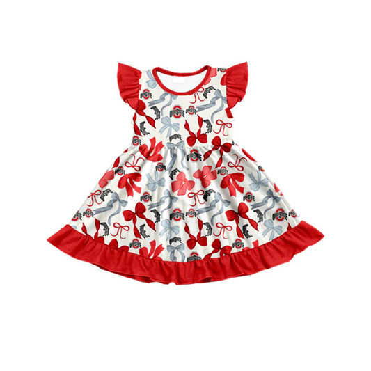 custom moq 3 football team OHIO State red bows flutter sleeve girls dress