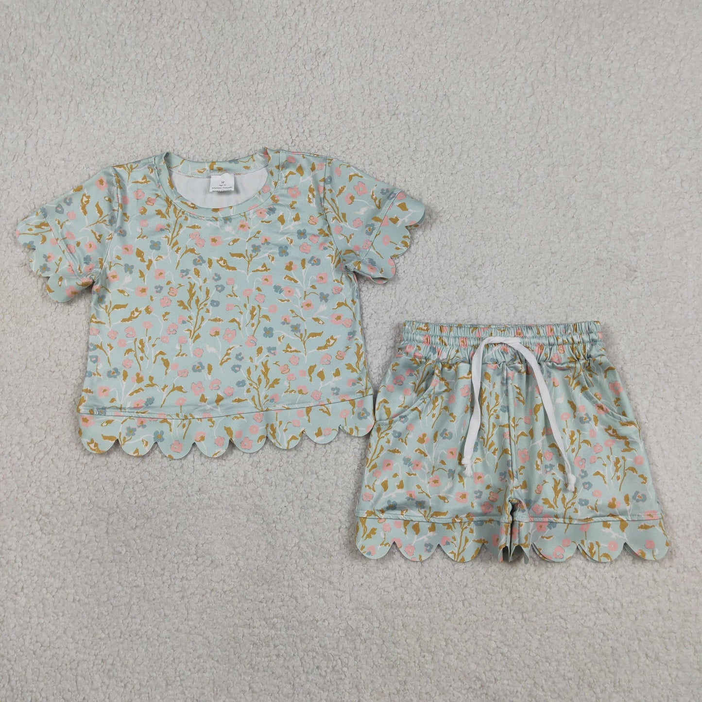 GSSO3266 Scallop Flowers Green Short Sleeve Shorts Girls Set