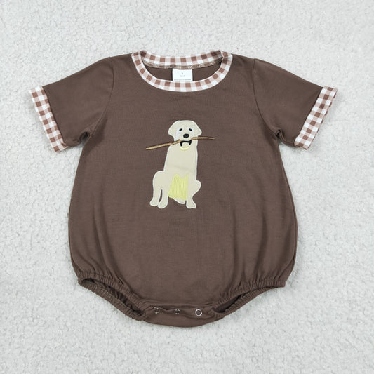 Embroidery SR3470 Cute Dog Pet Brown Short Sleeve Boys Romper