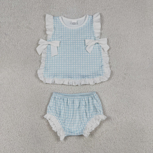 GBO0529 Light Blue Checkered Sleeveless Girls Bummies Set