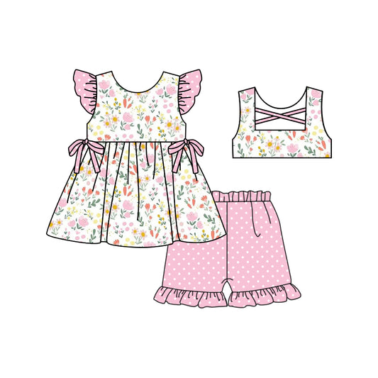 preorder GSSO0485 Flowers Pink Flutter Sleeve Pink Dot Shorts Girls Set