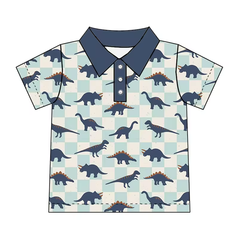 custom style dinosaur blue checkered short sleeve boys top