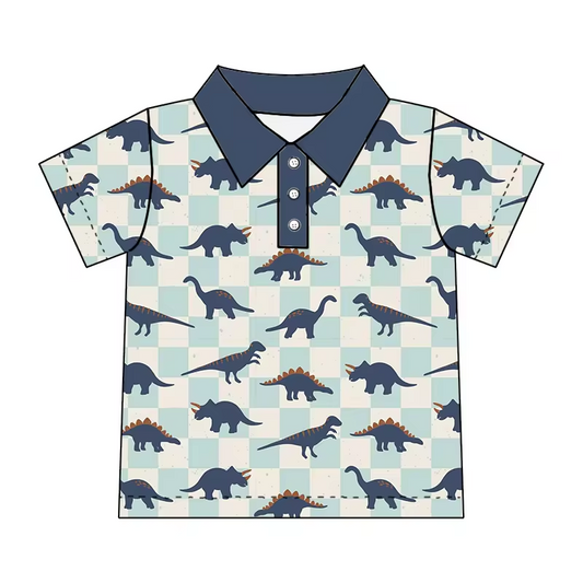 custom style dinosaur blue checkered short sleeve boys top