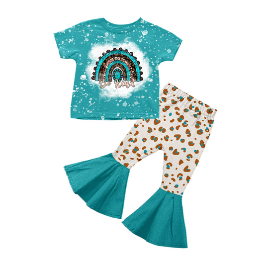 preorder GSPO0985 Be kind rainbow blue short sleeve leopard pants girls set