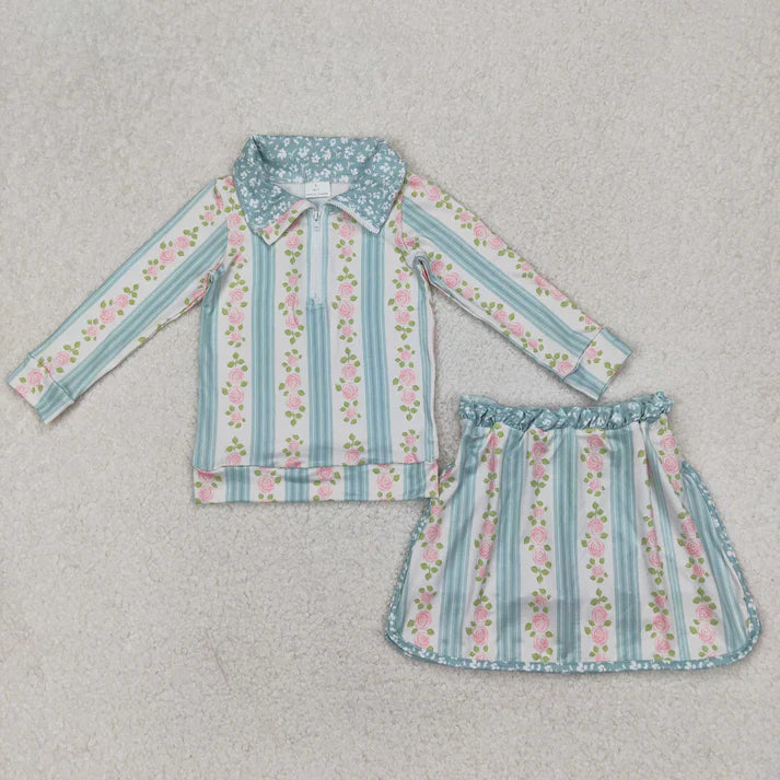 flowers zipper long slevee skirt with shorts set RTS sibling clothes