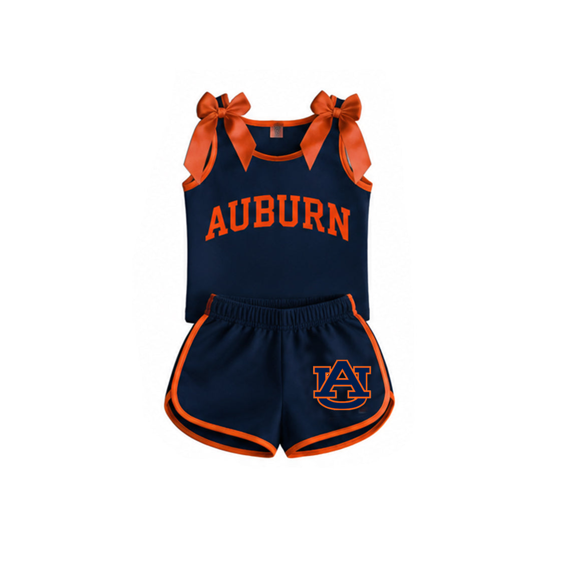preorder AUBURN Navy Blue & Orange Bows Sleeveless Shorts Girls Set