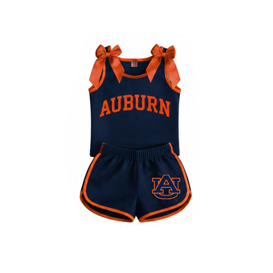 preorder GSSO3828 AUBURN Navy Blue & Orange Bows Sleeveless Shorts Girls Set