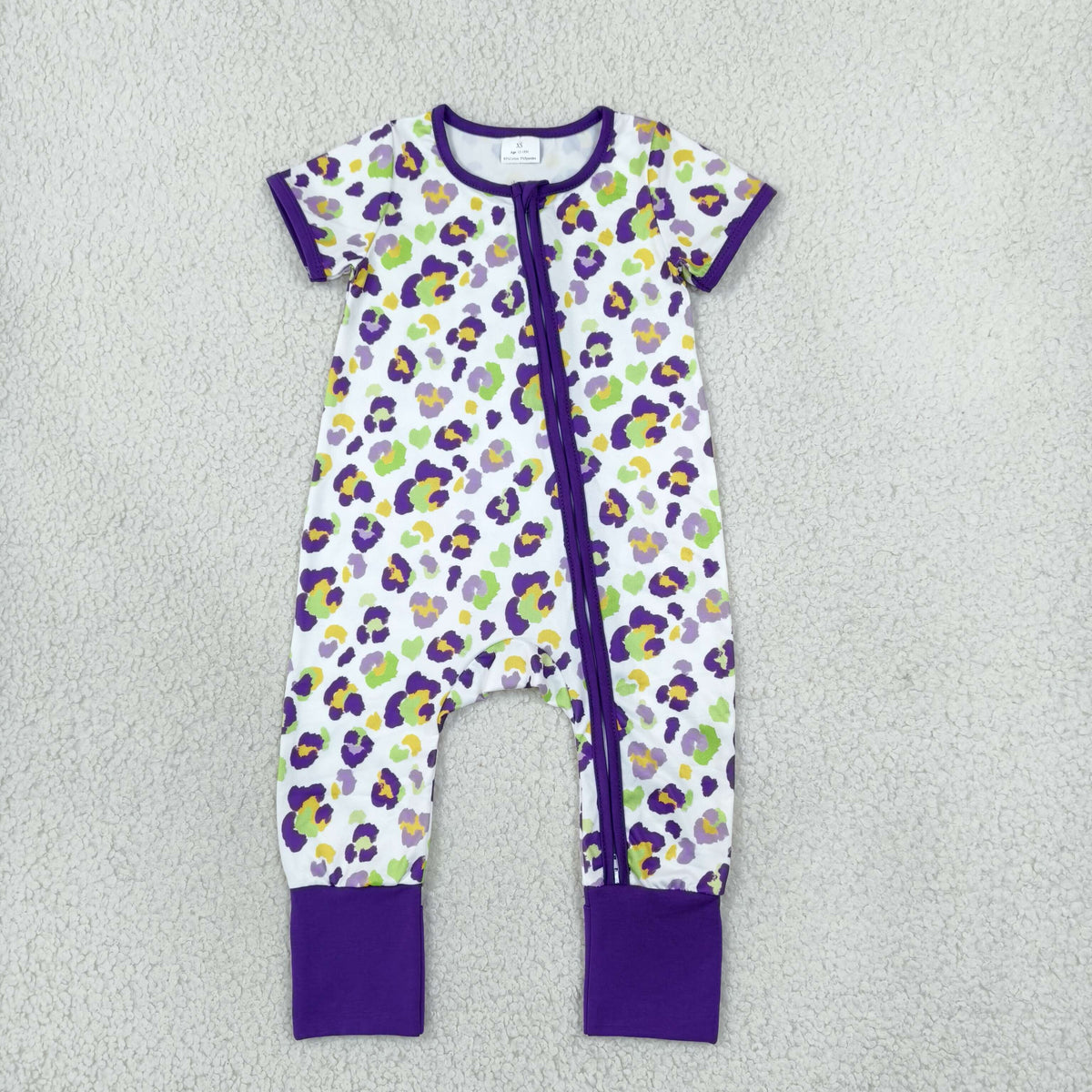 SR4312 Mardi Gras Leopard Purple Zipper Short Sleeve Girls Romper