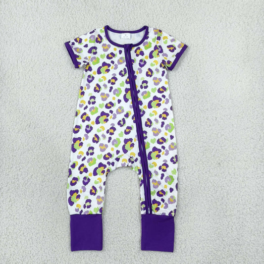 SR4312 Mardi Gras Leopard Purple Zipper Short Sleeve Girls Romper