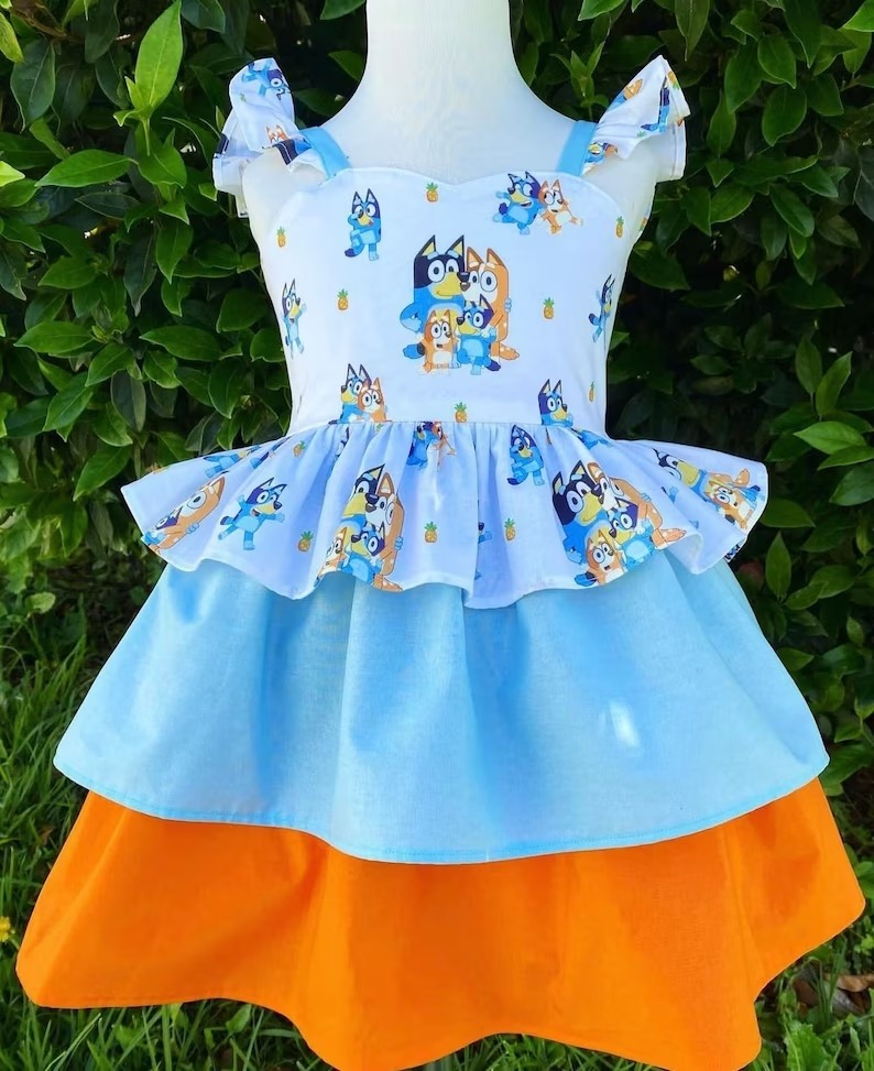 preorder Blue Dog Flutter Sleeves Double Lace Girls Summer Dress