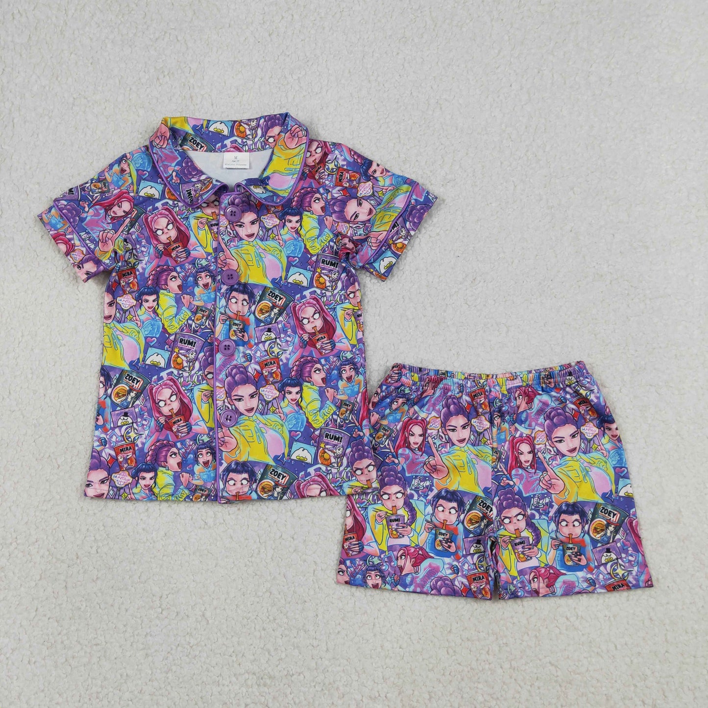 GSSO3087 Cartoon Hunter K Purple Short Sleeve Shorts Girls Pajamas