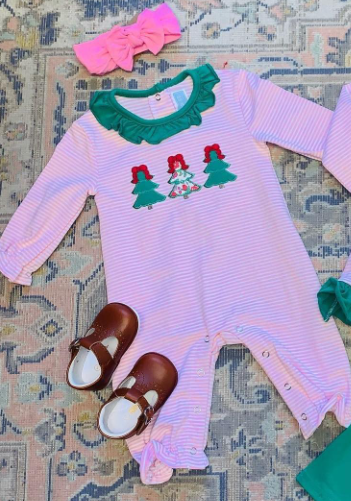 custom Christmas tree pink striped long sleeve girls romper