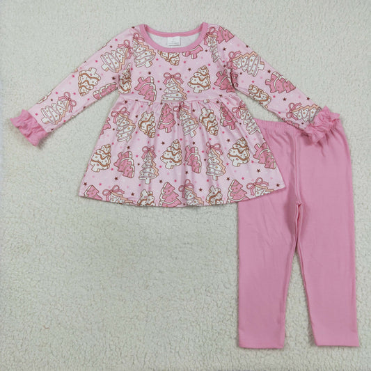 GLP2471 Christmas Santa pink bows tree season long sleeve pink pants girls set
